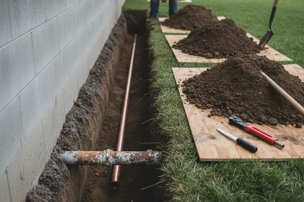 Excavated water line trench during Water Softener Installation in Grubville